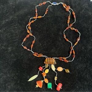 24” Amber Bead & 925 w/ hanging coral, jade, amber Necklace